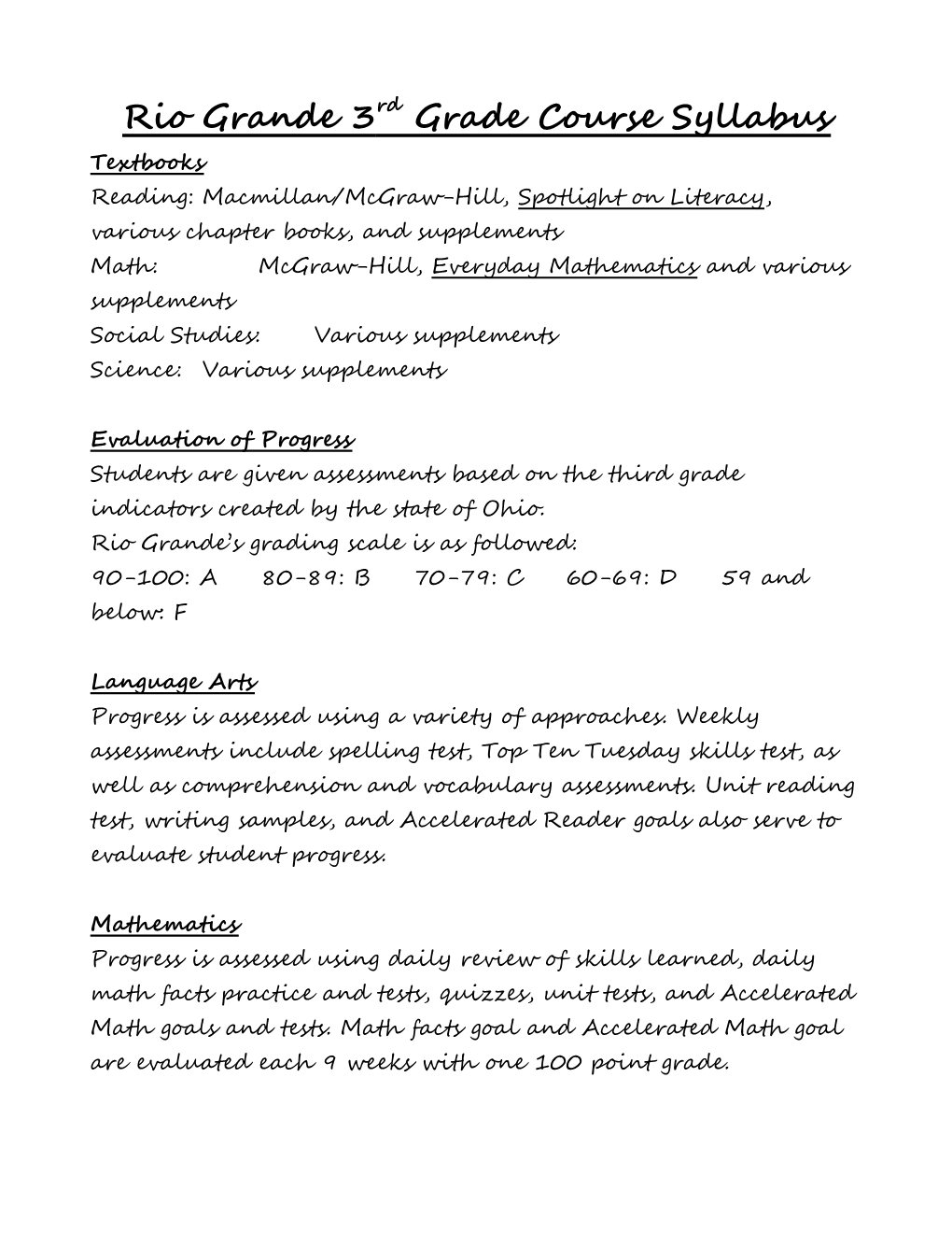 Rio Grande 3Rd Grade Course Syllabus