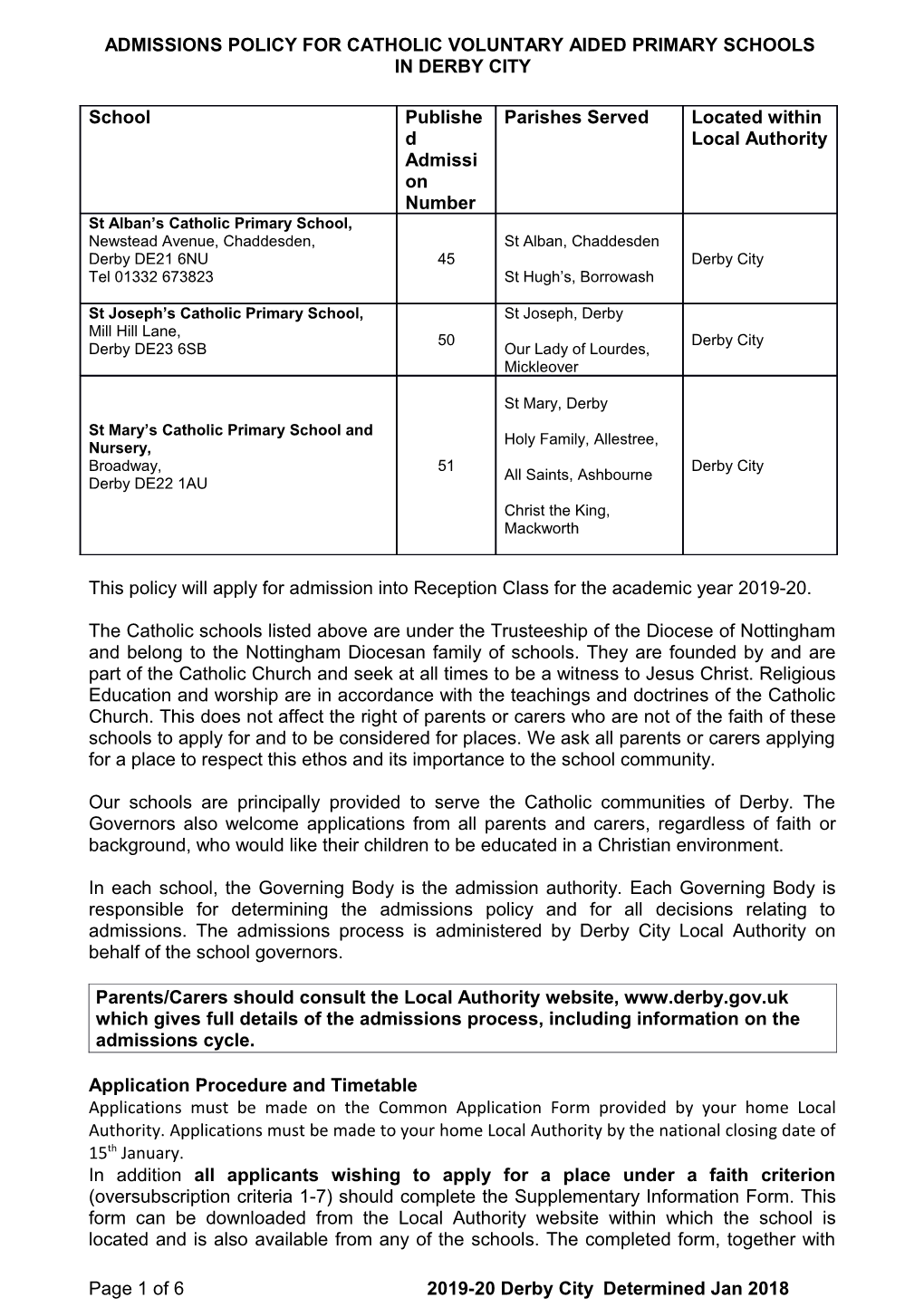 Admissions Policy for Catholic Voluntary Aided Primary Schools