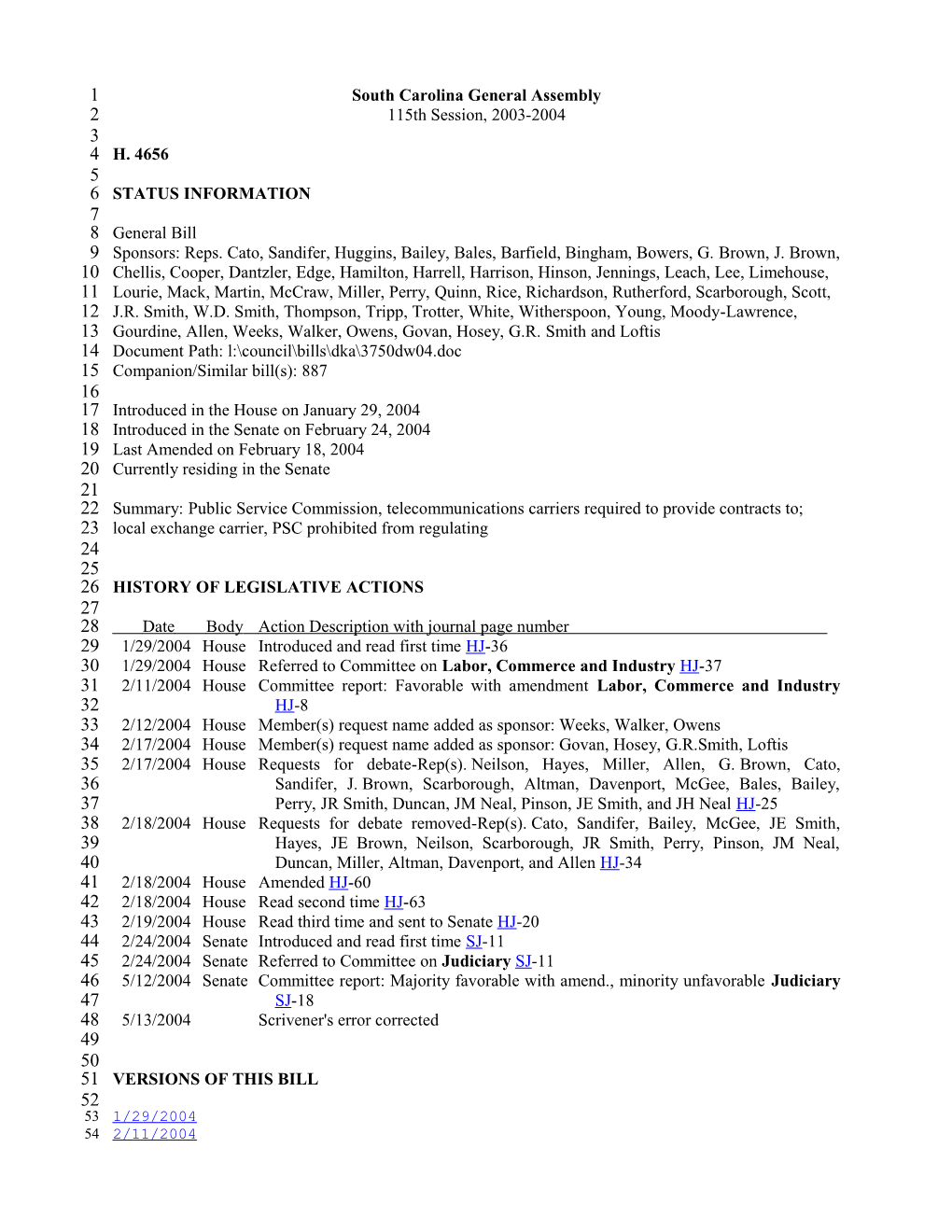 2003-2004 Bill 4656: Public Service Commission, Telecommunications Carriers Required To