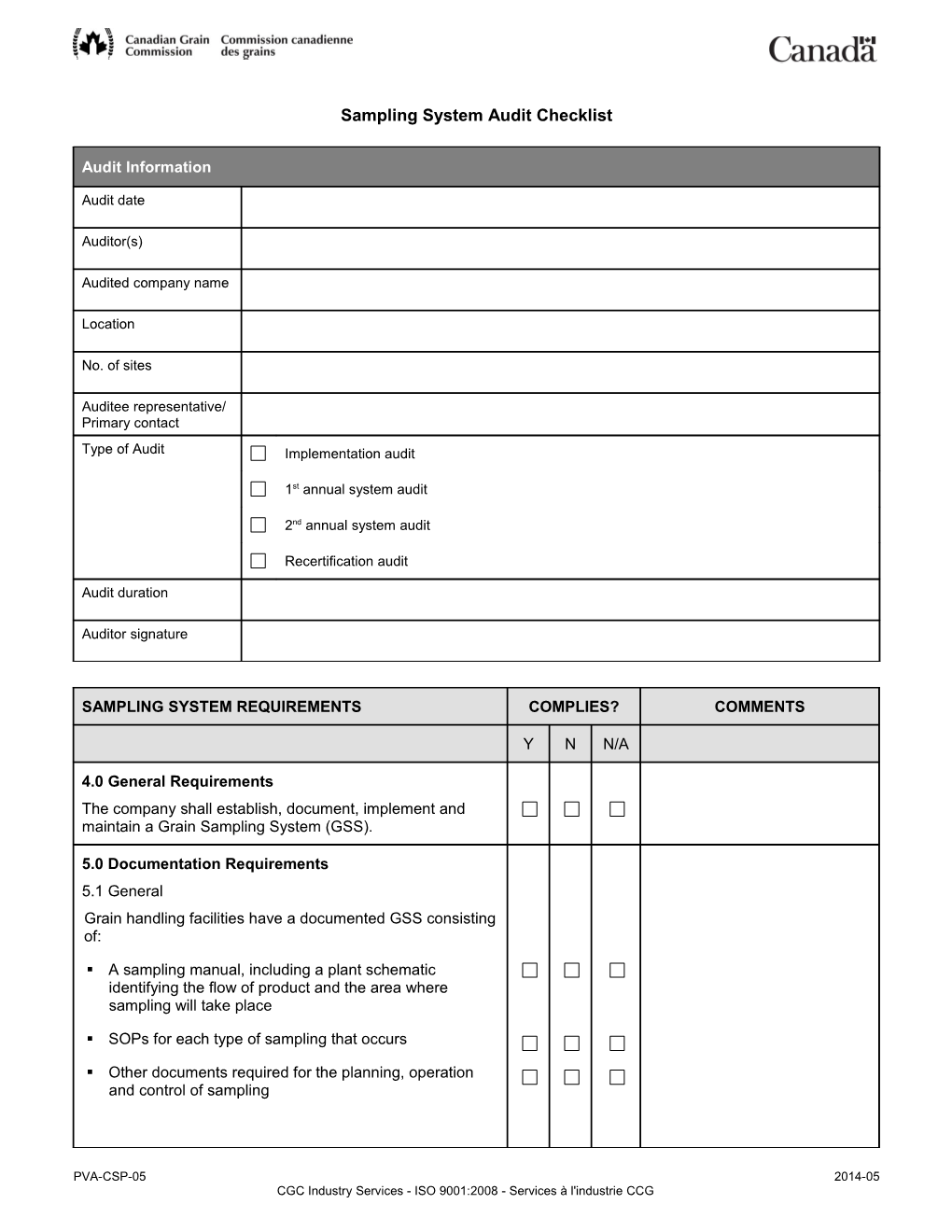 Sampling System Audit Checklist (PVA-CSP-05)