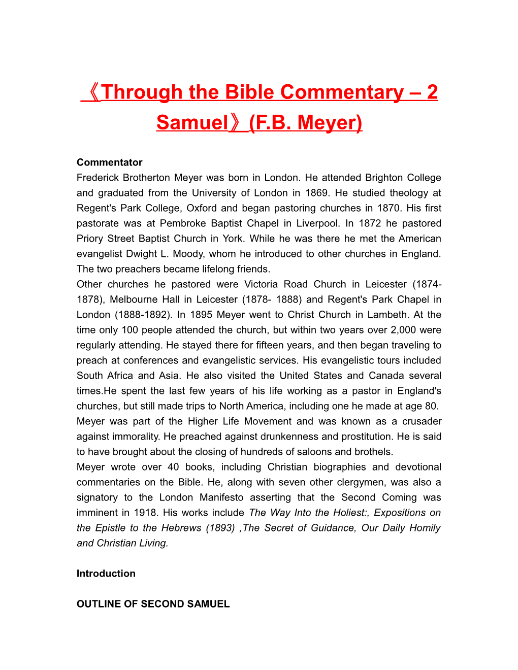 Through the Bible Commentary 2 Samuel (F.B. Meyer)