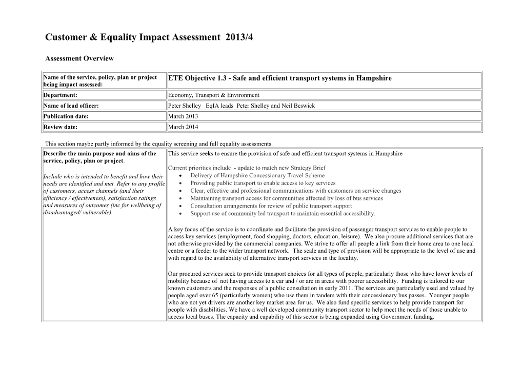 Customer & Equality Impact Assessment 2013/4