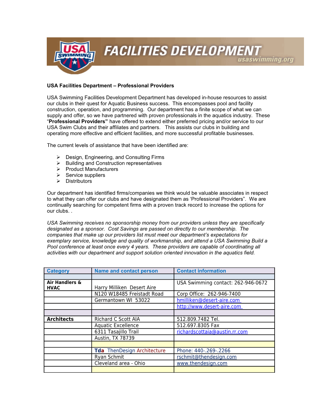 USA Facilities Department Preferred Providers