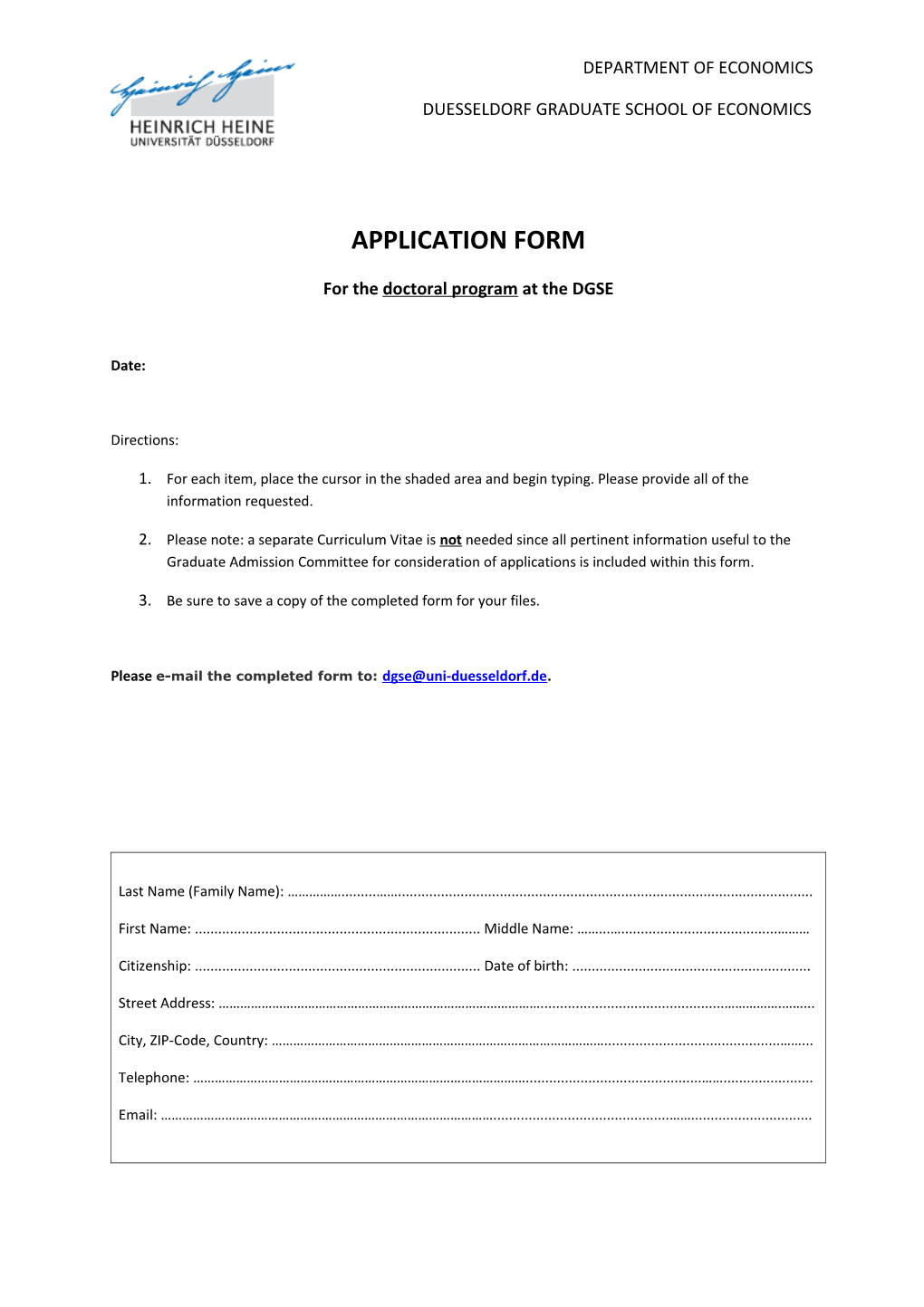 DGSE - Heinrich-Heine University Duesseldorf - Application Form