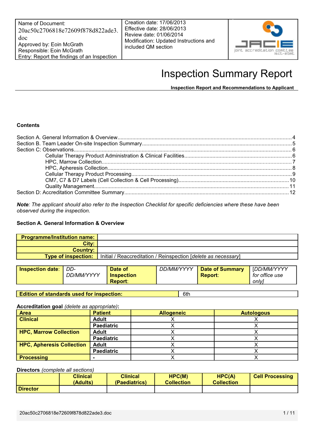 On-Site Inspection Summary