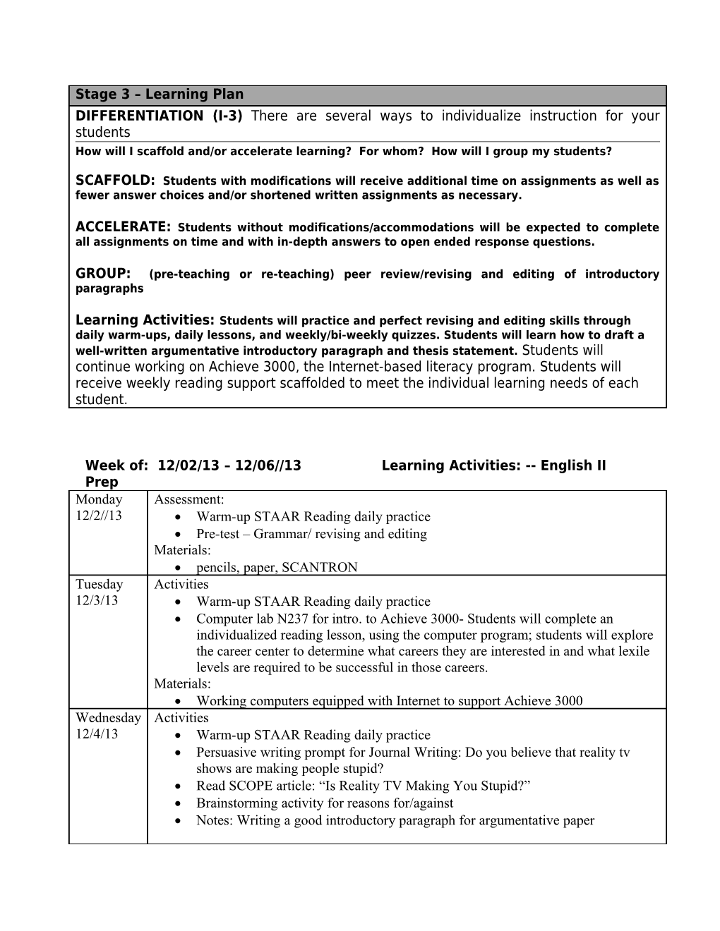 Stage 3 Learning Plan