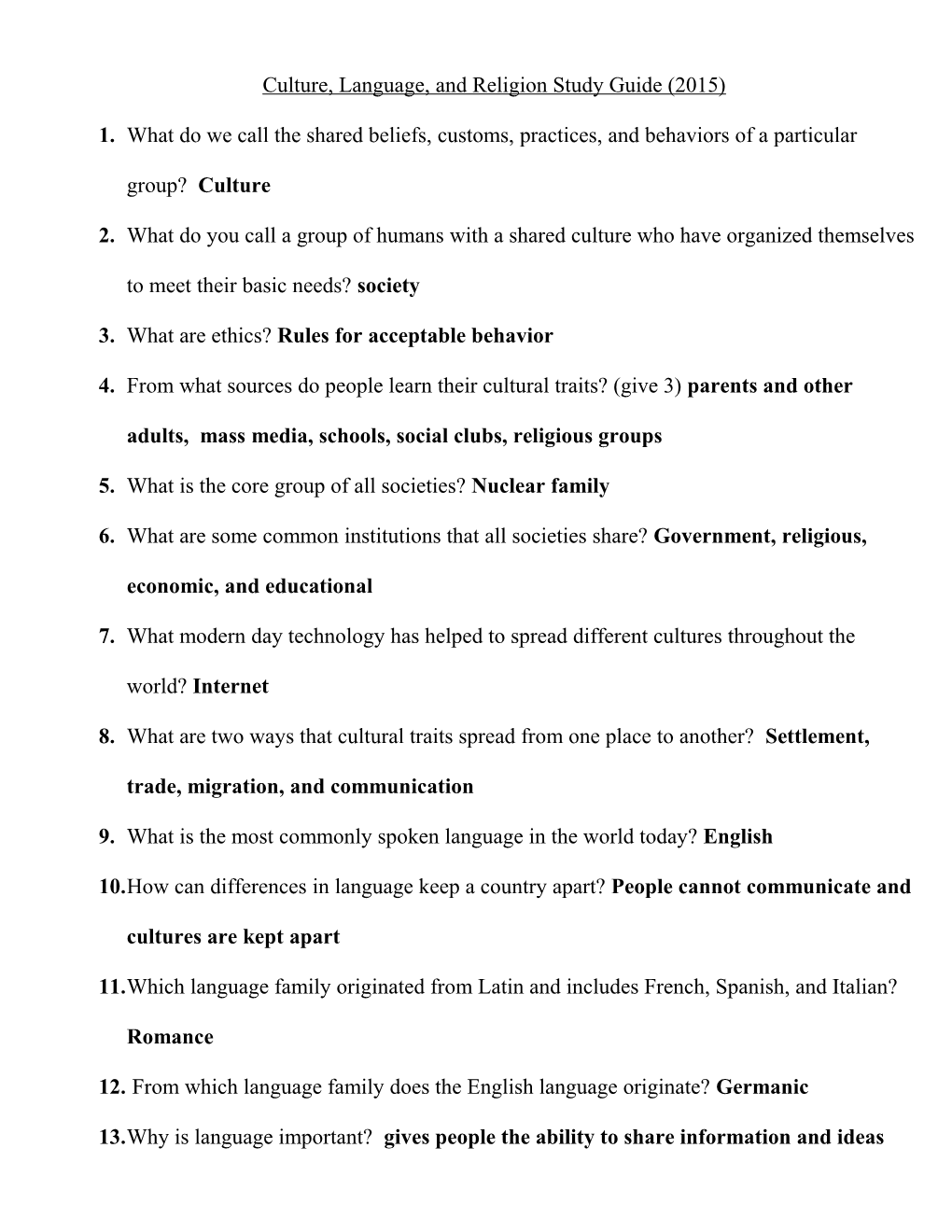 Culture, Language, and Religion Study Guide (2015)