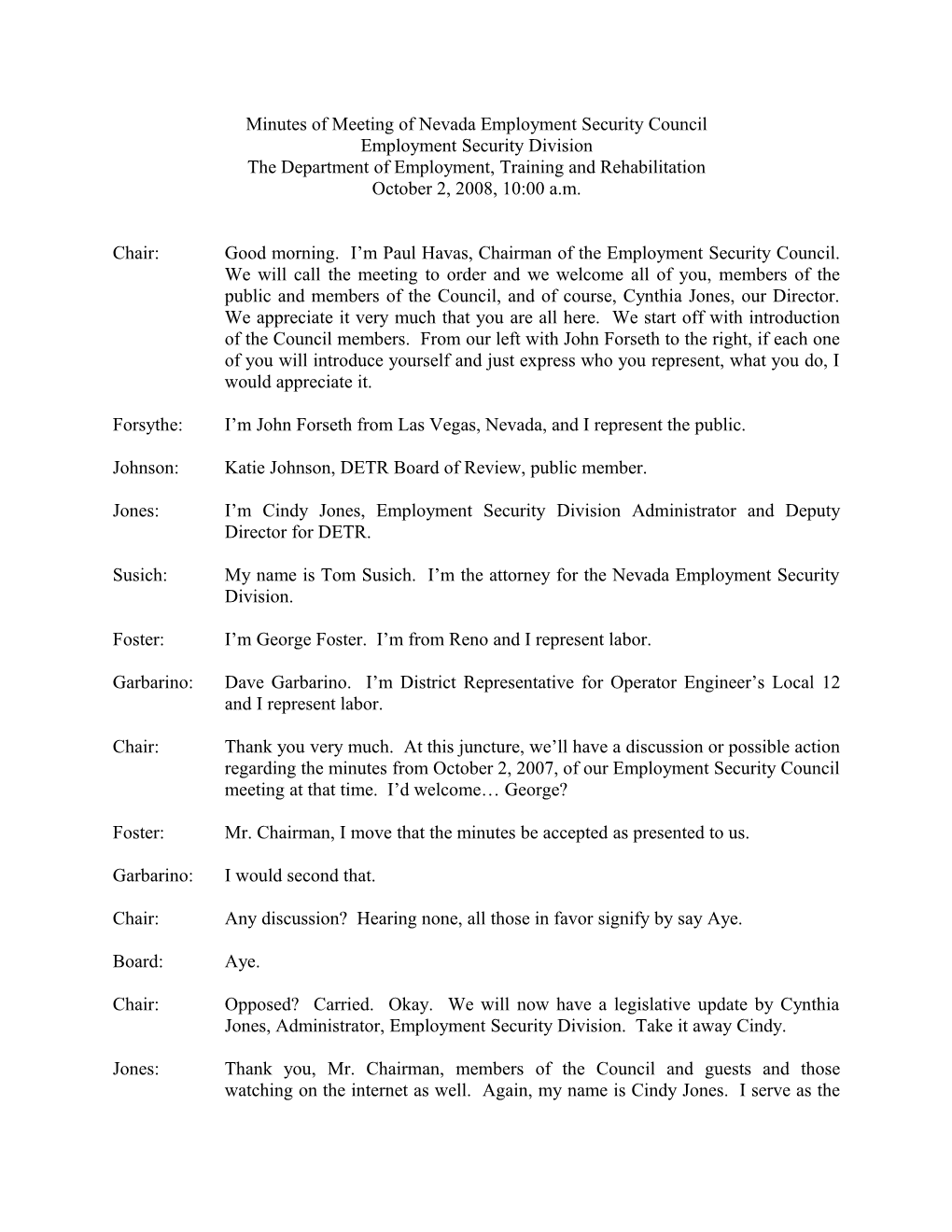 Minutes of Meeting of Nevada Employment Security Council