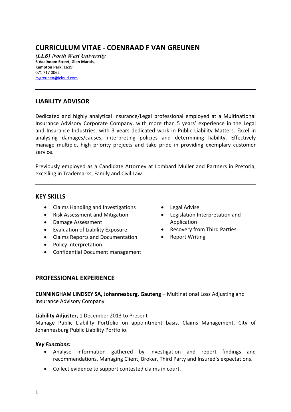 Curriculum Vitae - Coenraad F Van Greunen