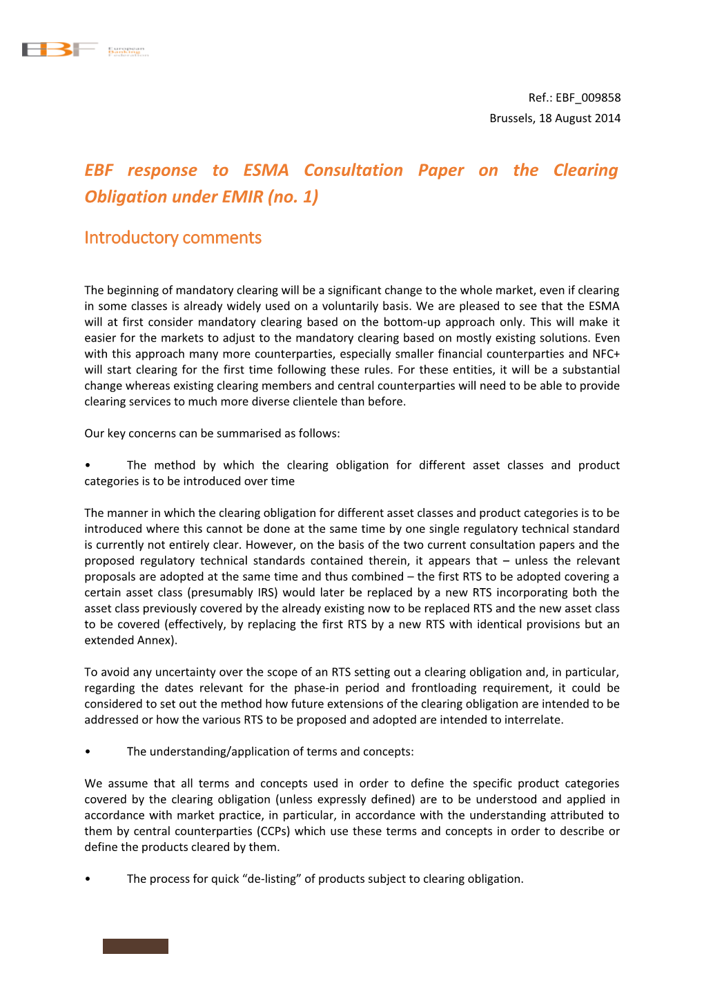 EBF Response to ESMA Consultation Paper on the Clearing Obligation Under EMIR (No. 1)