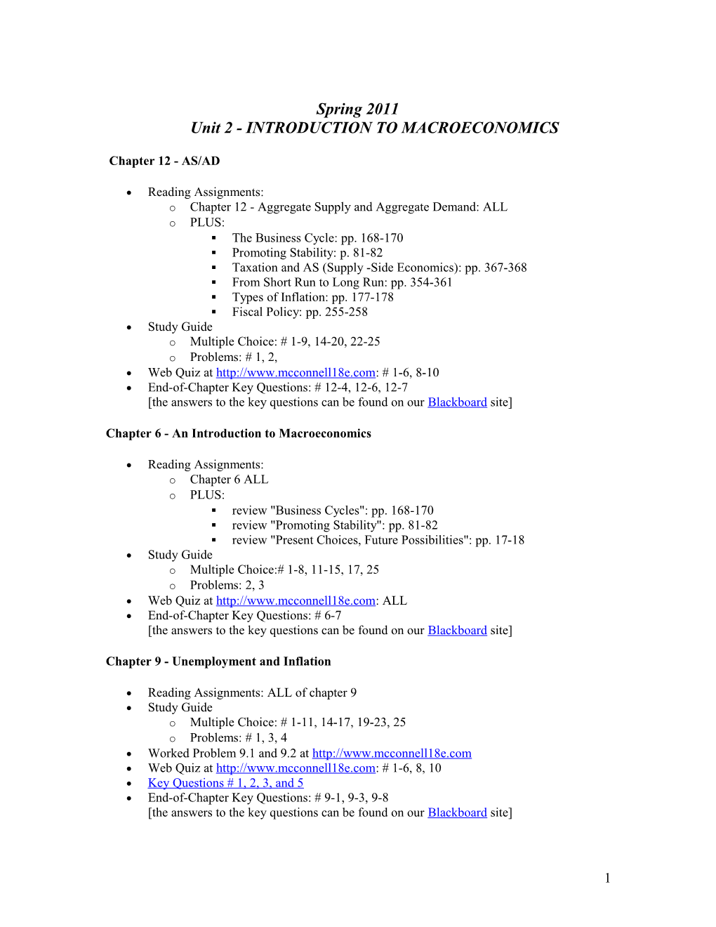 Spring 2011Unit 2 - INTRODUCTION to MACROECONOMICS