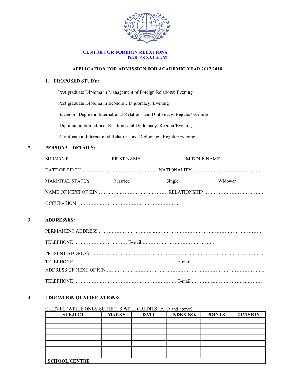 Application for Admission for Academic Year 2017/2018