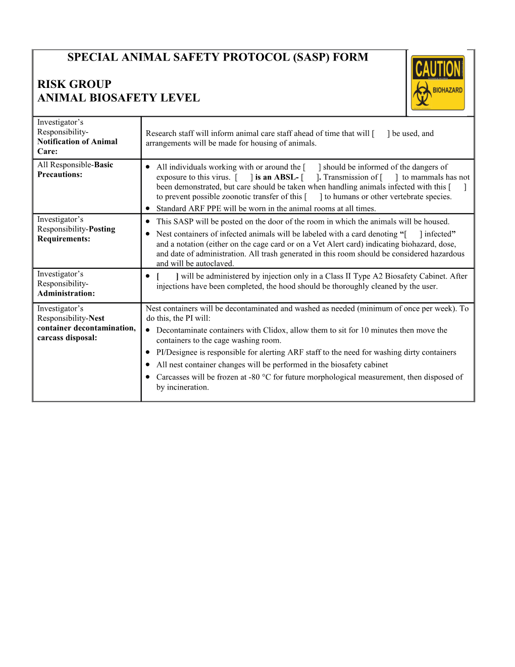 Special Animal Safety Protocol Form