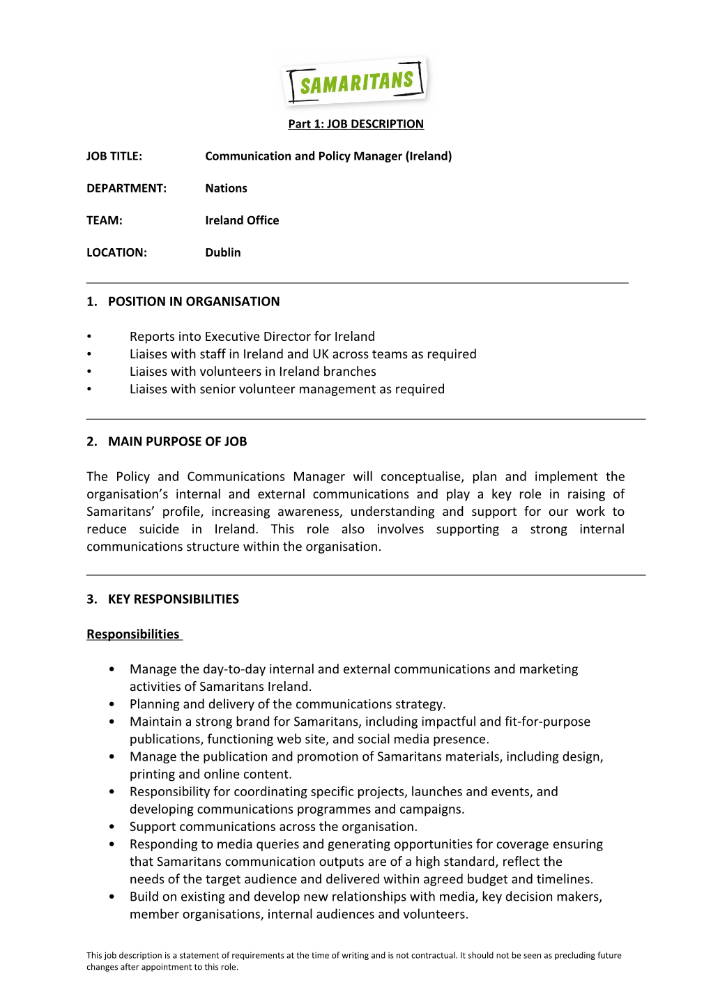 JOB TITLE: Communication and Policy Manager (Ireland)