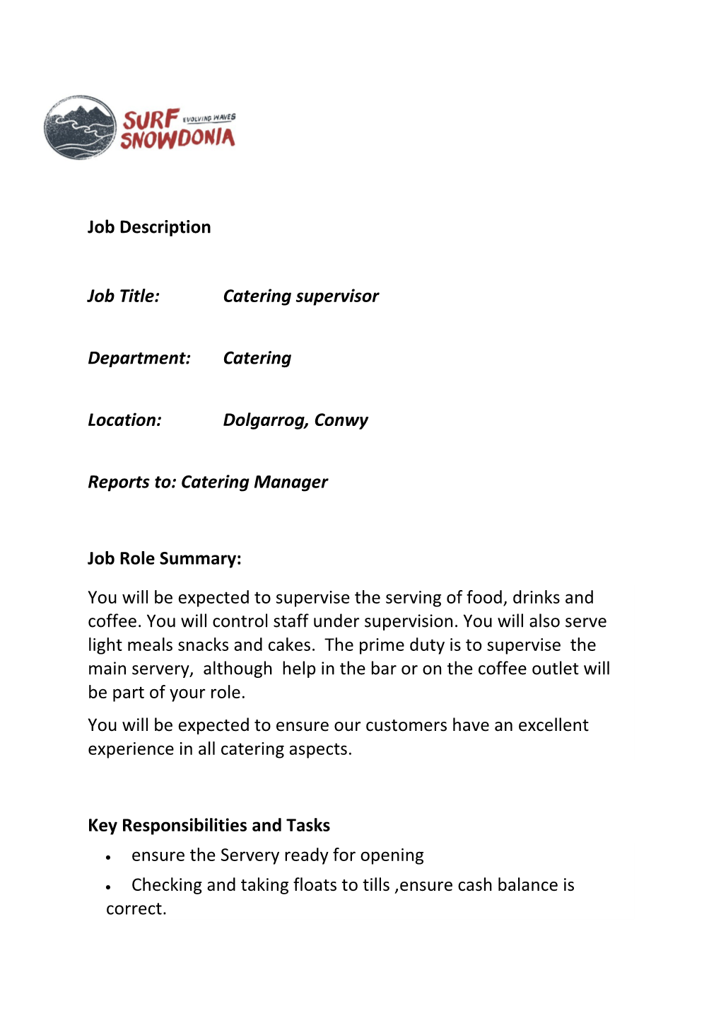 Job Title: Catering Supervisor