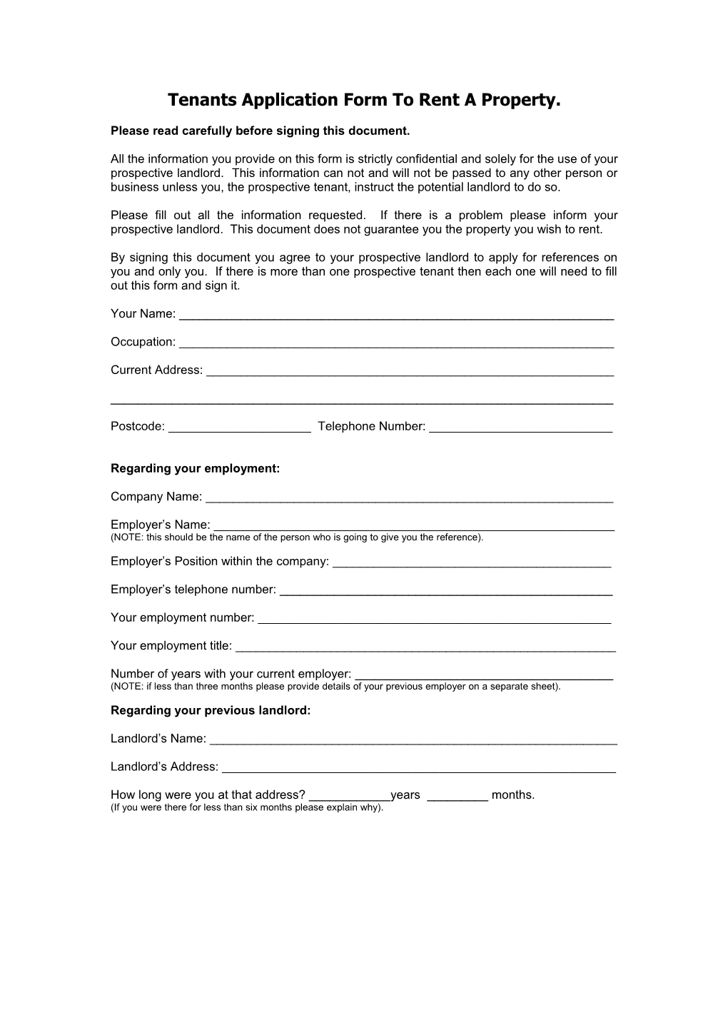 Tenants Application Form to Rent a Property