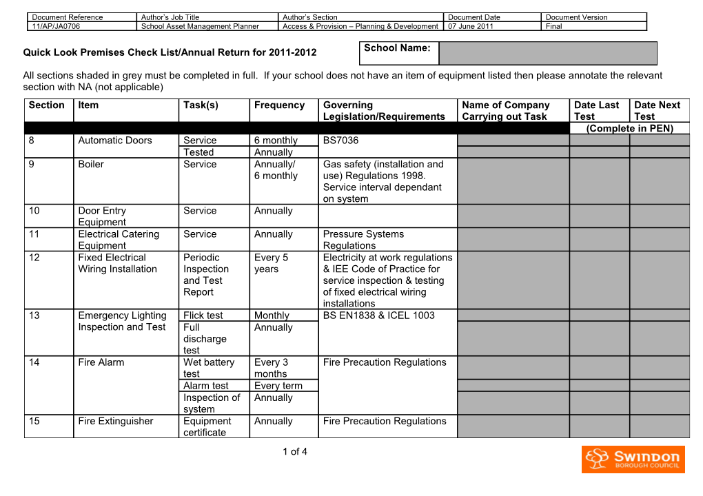 Swindon Schools Premises Log Book Index