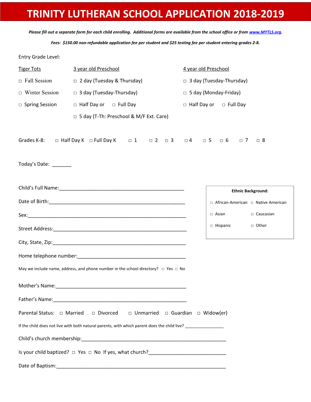 Trinity Lutheran School Application