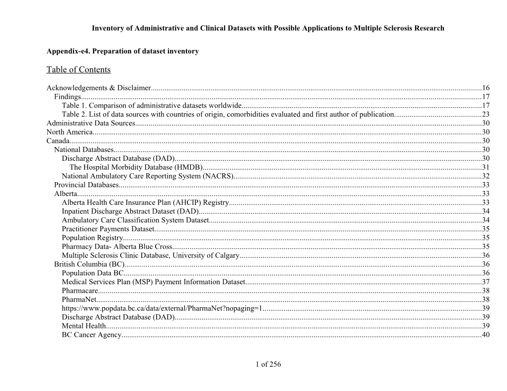 Inventory of Administrative and Clinical Datasets with Possible Applications to Multiple