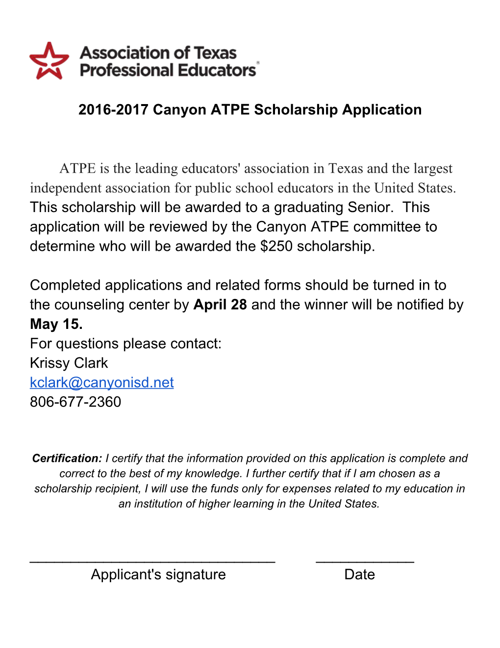 2016-2017 Canyon ATPE Scholarship Application