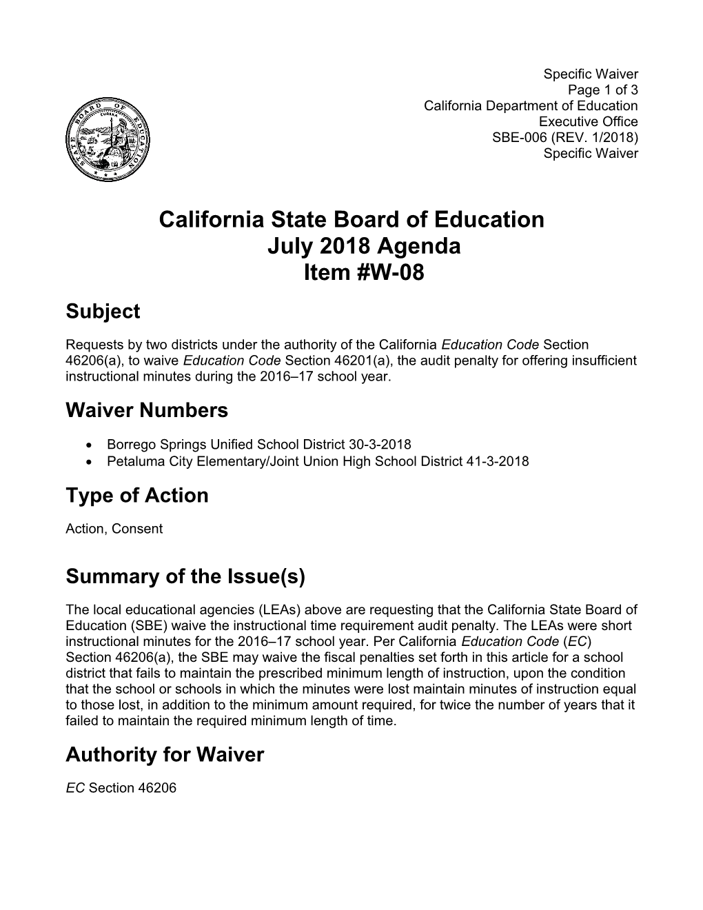 July 2018 Waiver Item W-08 - Meeting Agendas (CA State Board of Education)
