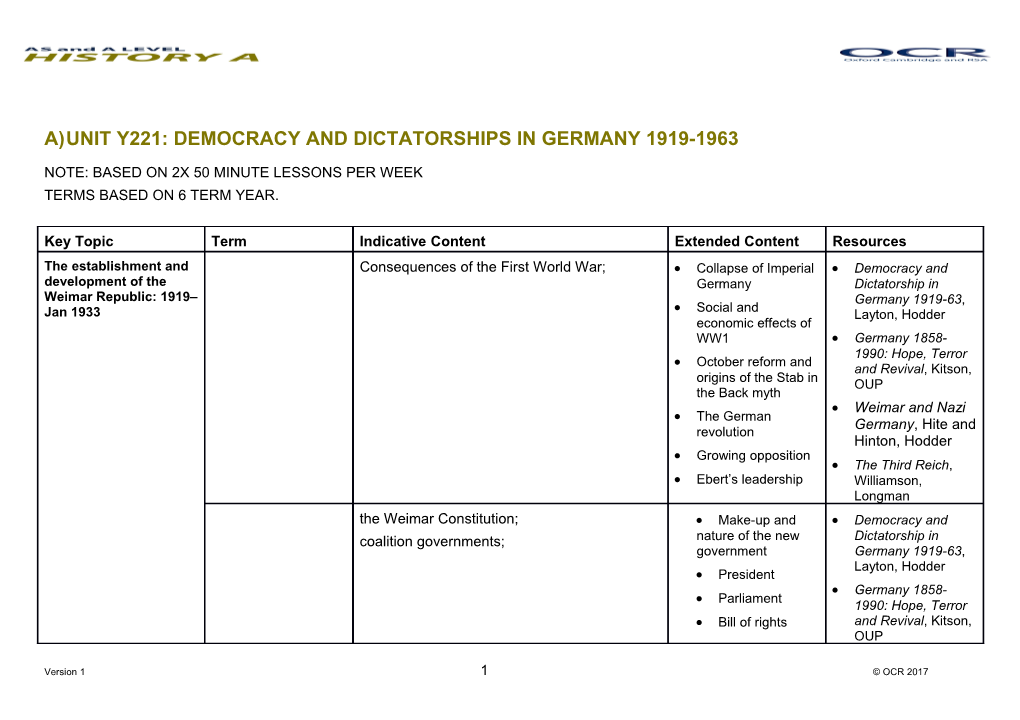 OCR a an AS History Unit Y221 Scheme of Work