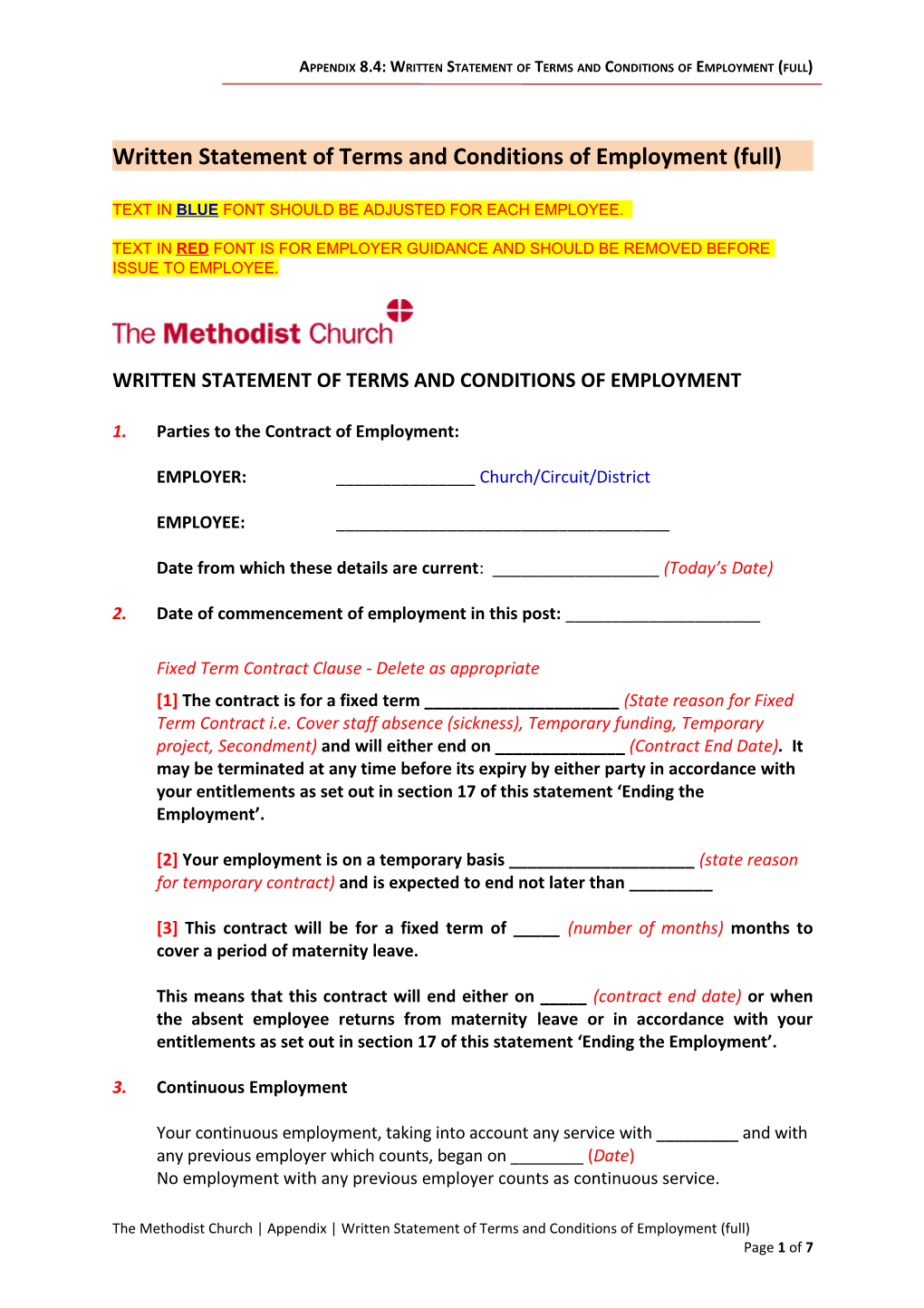 Written Statement of Terms and Conditions of Employment (Full)