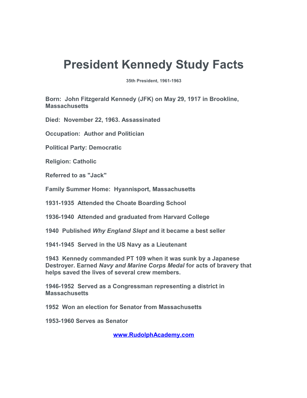 President Kennedy Study Facts