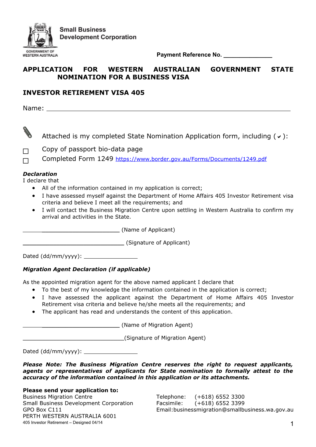 Application for Western Australian Government State Nomination for a Business Visa