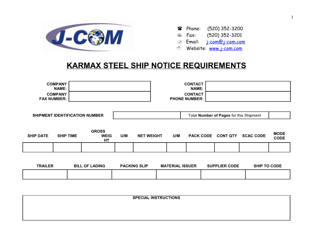 Karmax Steel Ship Notice Requirements