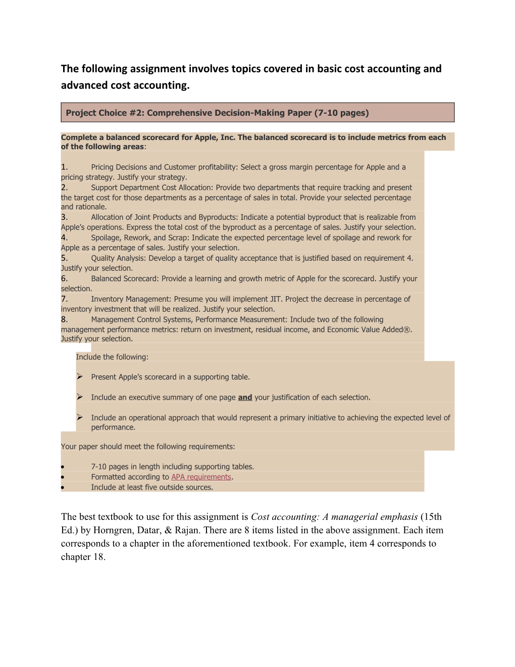 The Following Assignment Involves Topics Covered in Basic Cost Accounting and Advancedcost