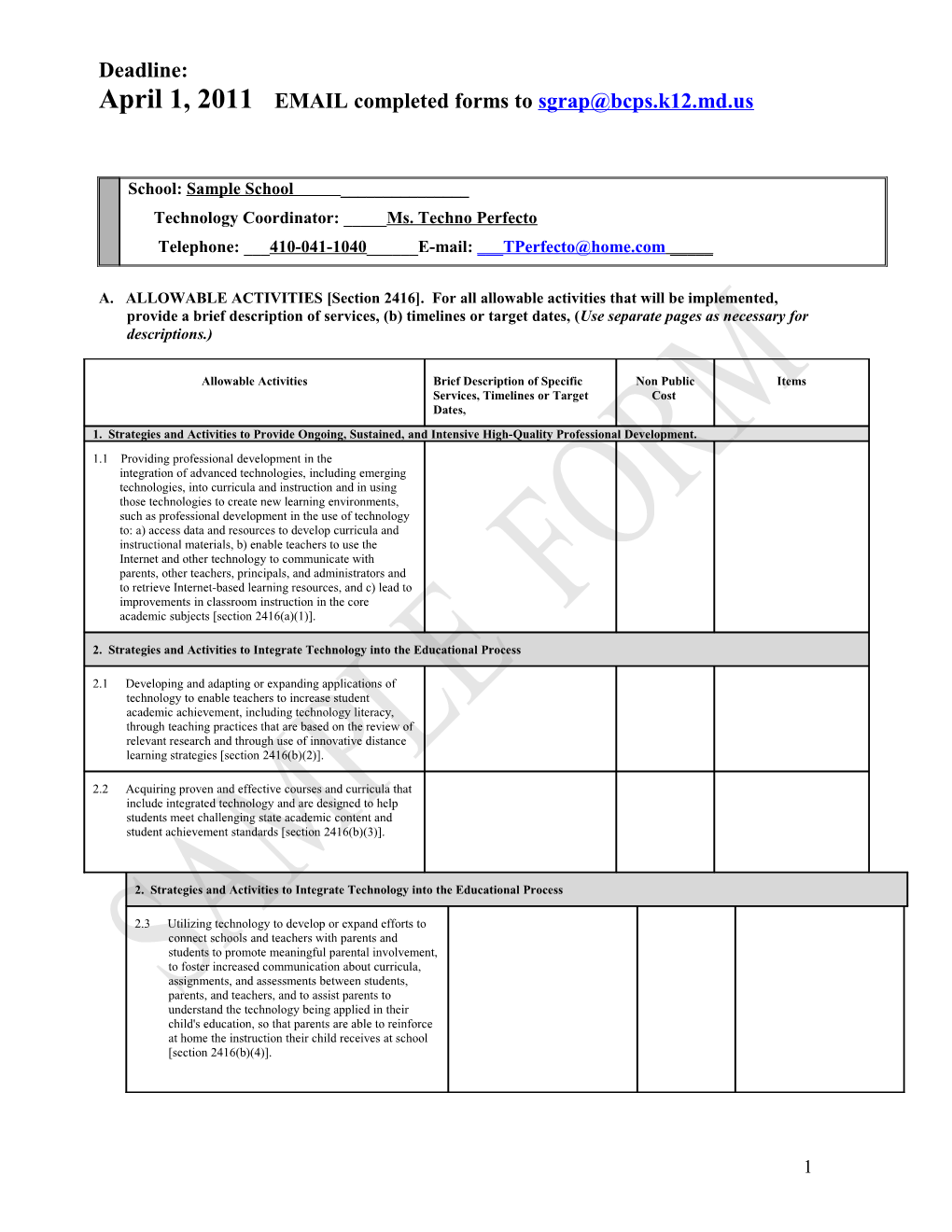 A. ALLOWABLE ACTIVITIES Section 2416 . for All Allowable Activities That Will Be Implemented