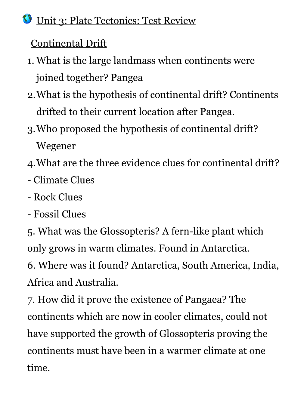 Unit 3: Plate Tectonics: Test Review