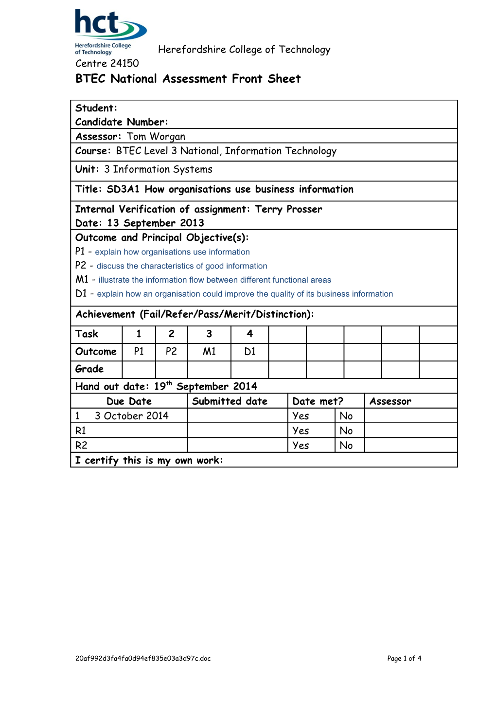 BTEC National Assessment Front Sheet