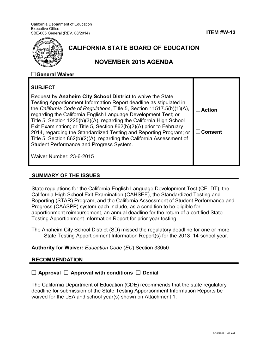 November 2015 Waiver Item W-13 - Meeting Agendas (CA State Board of Education)