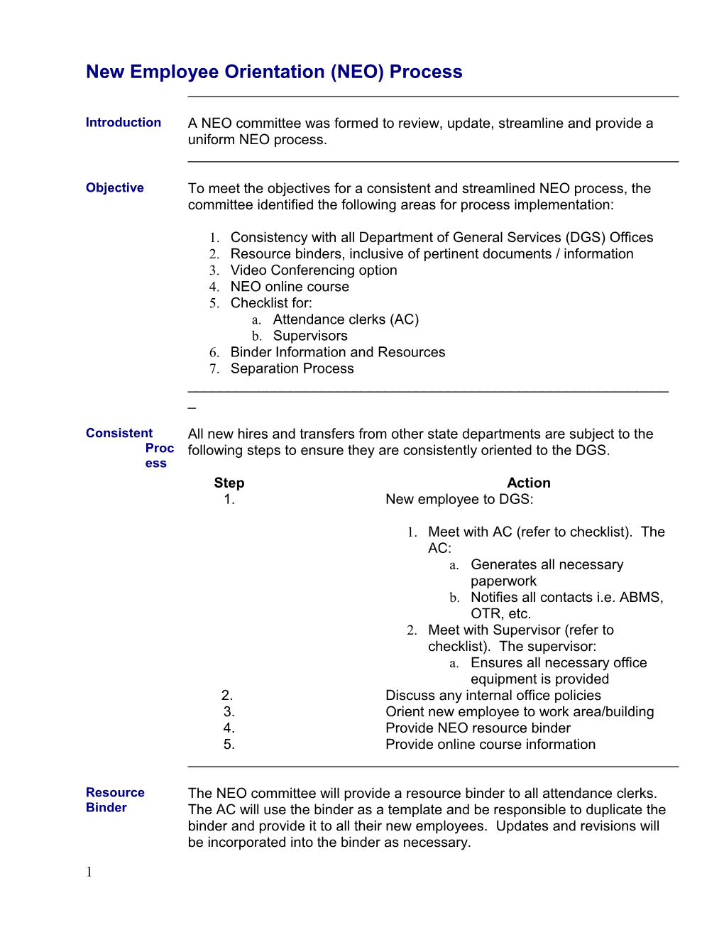 New Employee Orientation (NEO) Process