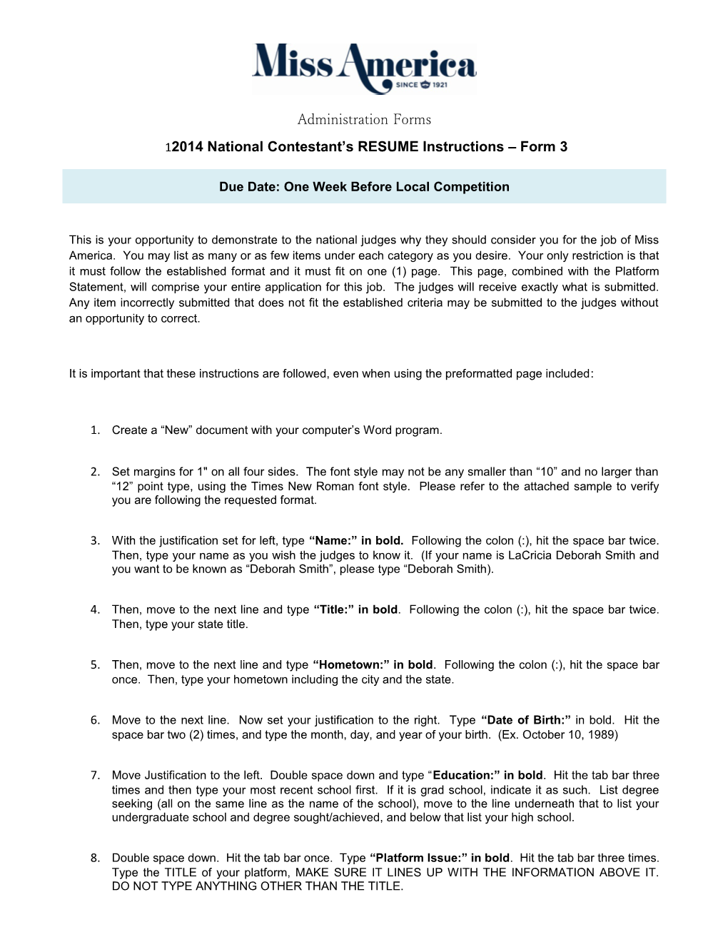 2014 National Contestant S RESUME Instructions Form 3