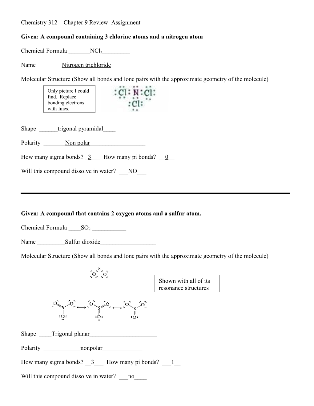 Chemistry 312 Chapter 9 Review