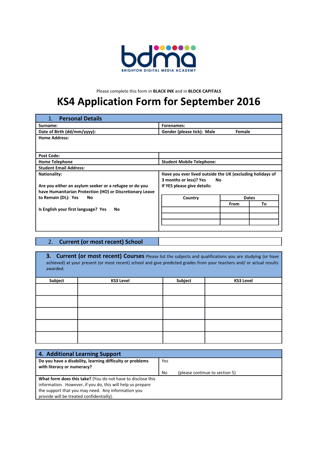 KS4 Application Form for September 2016