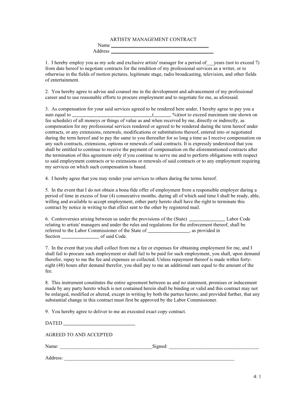 Artists' Management Contract