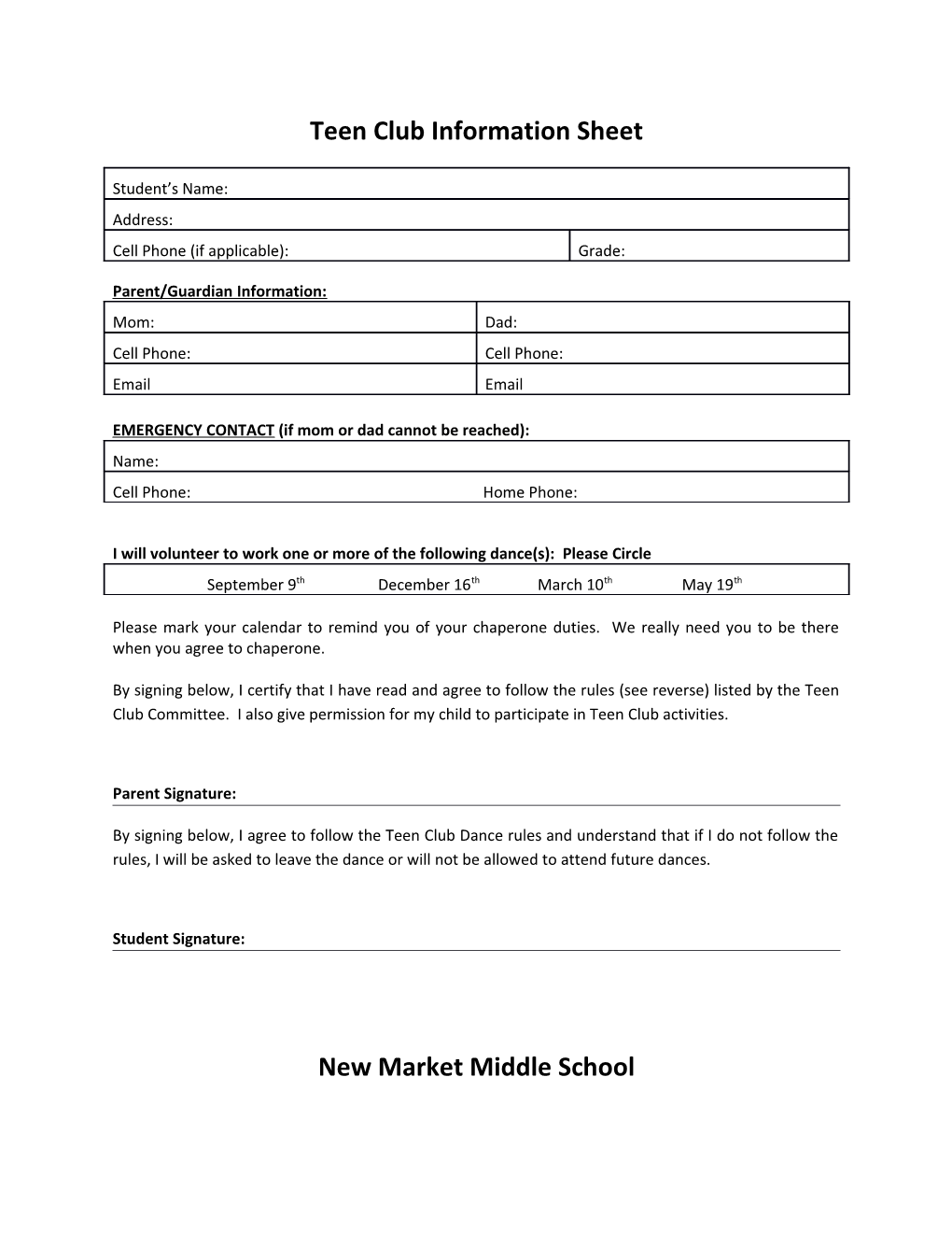 Teen Club Information Sheet