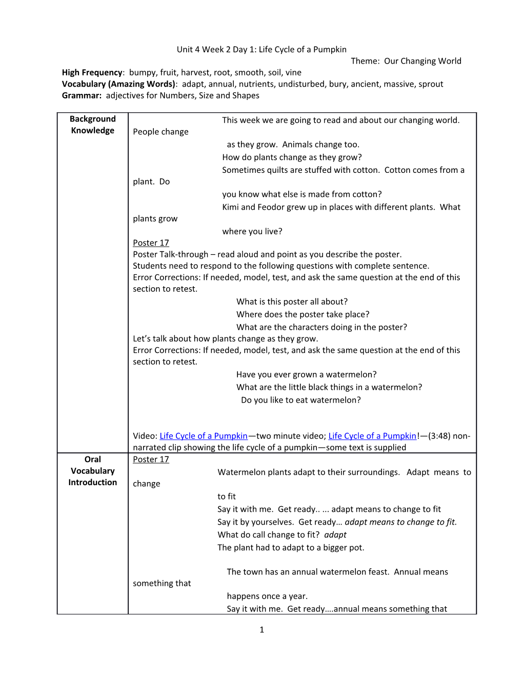 Unit 4 Week 2 Day 1: Life Cycle of a Pumpkin