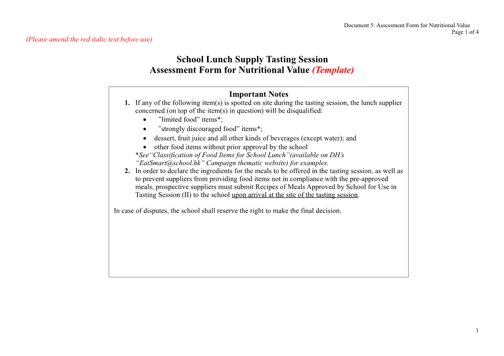 School Lunch Supply Tasting Session Assessment Form for Nutritional Value (Template)