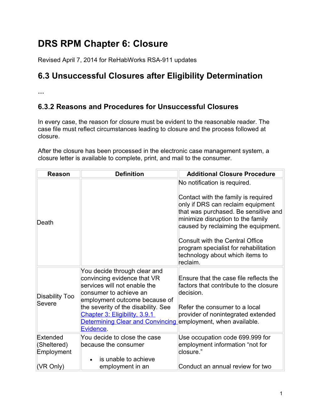 DRS RPM Chapter 6 Revisions, April 7, 2014