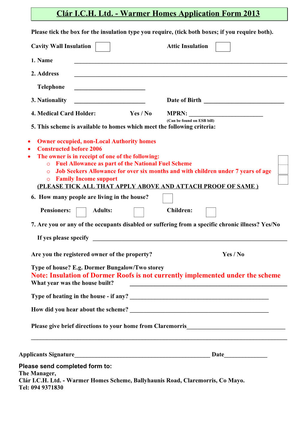 Clár I.C.H. Ltd. - Warmer Homes Application Form 2013