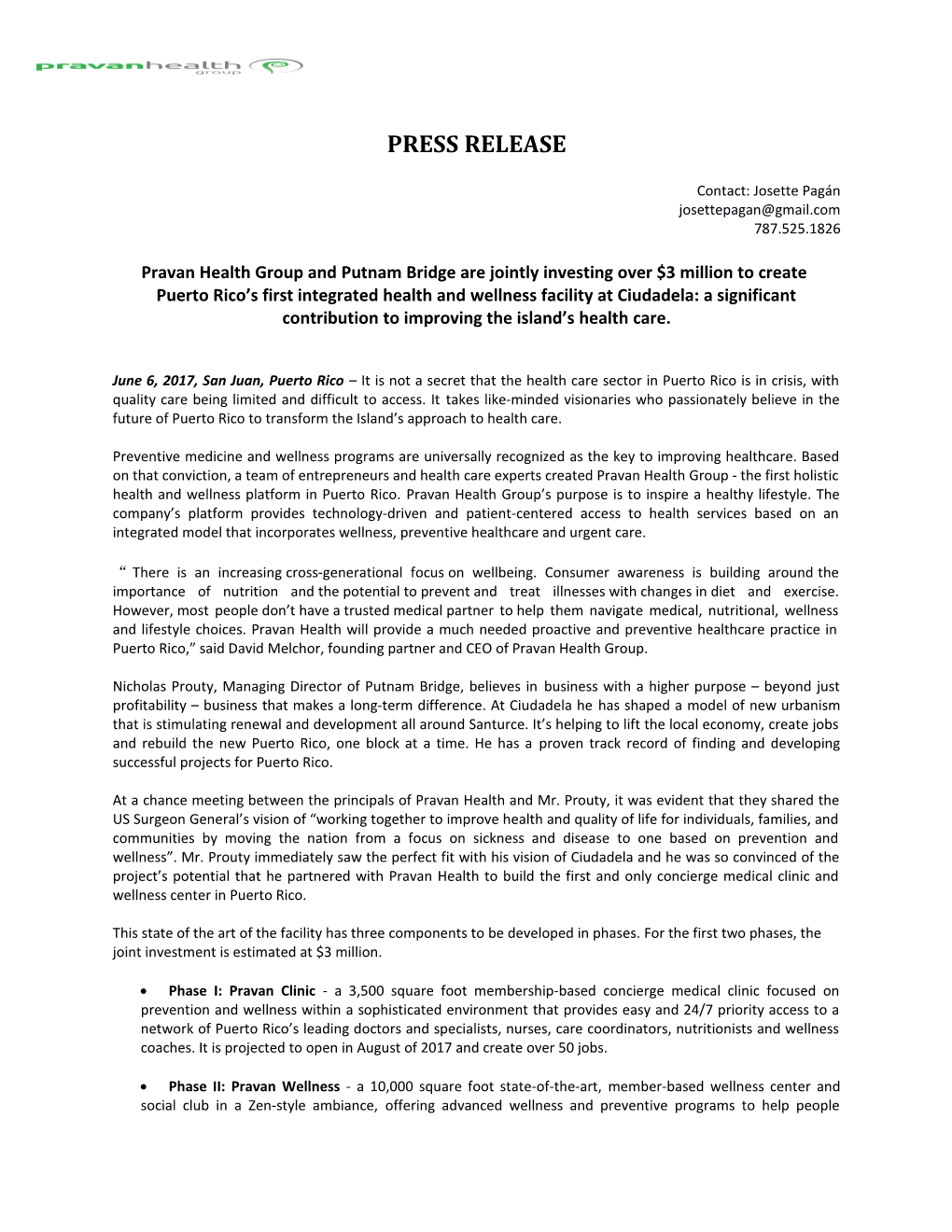 Press Release: Pravan Health Group and Putnam Bridge Are Jointly Investing Over $3 Million