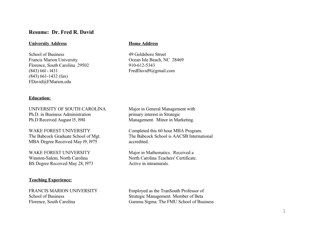 Resume: Dr. Fred R. David