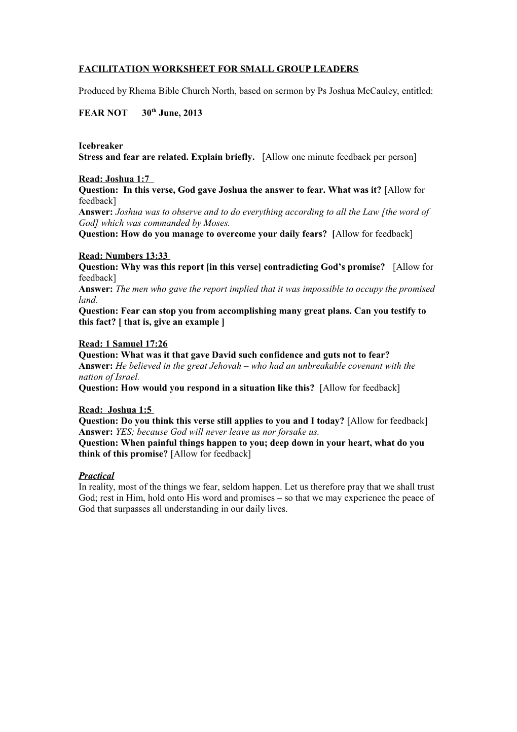 Facilitation Worksheet for Small Group Leaders