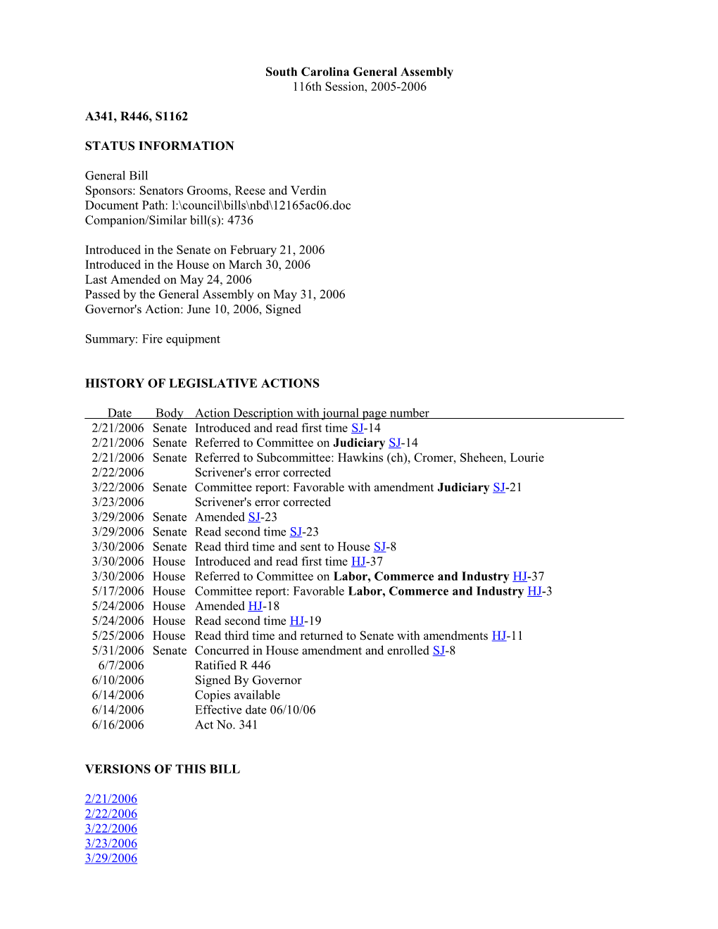 2005-2006 Bill 1162: Fire Equipment - South Carolina Legislature Online