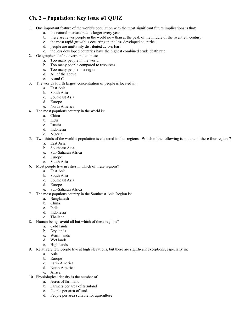 Ch. 2 Population: Key Issue #1 QUIZ